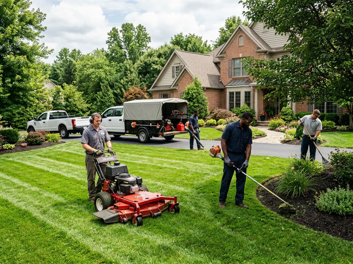 Professional lawn care crew mowing a residential lawn